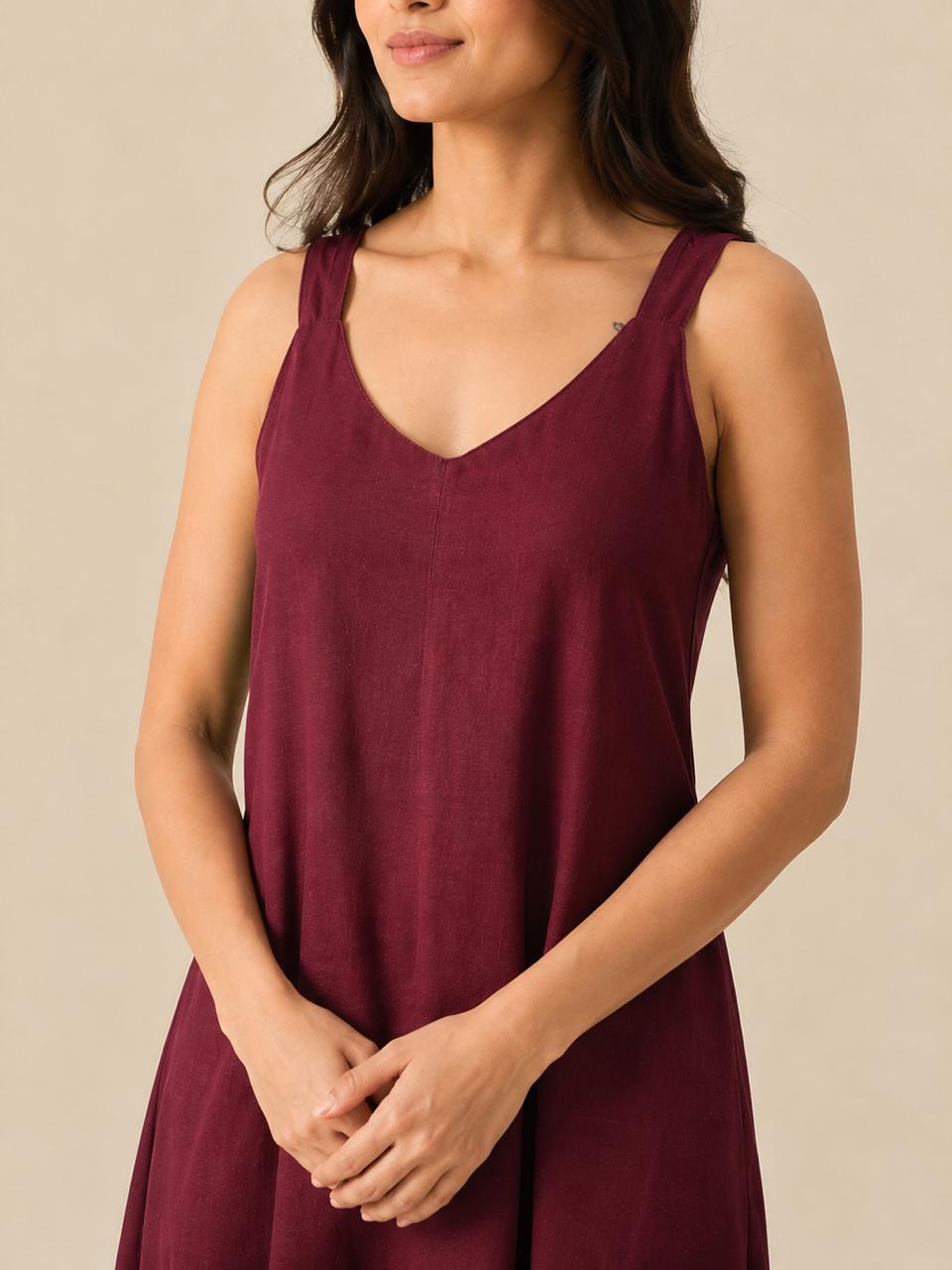 Close-up V-neck detail and wide straps on the Dhyana maroon rayon meditation robe