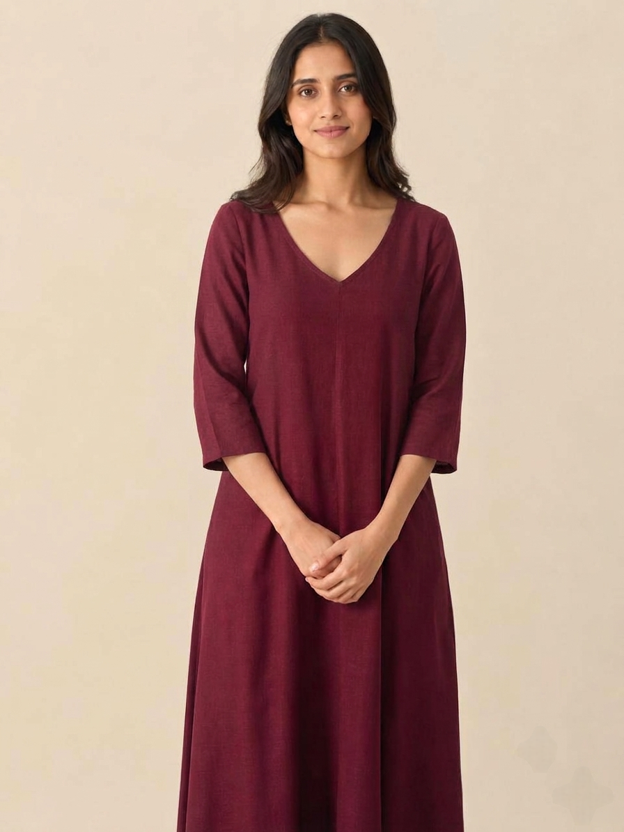 Front view of the Dhyana 3/4th sleeve Osho maroon rayon meditation robe